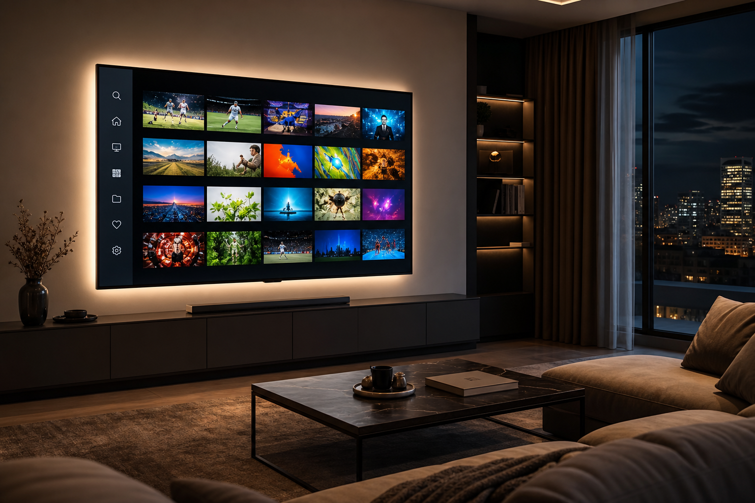 Smart TV in a modern living room displaying an IPTV channel guide